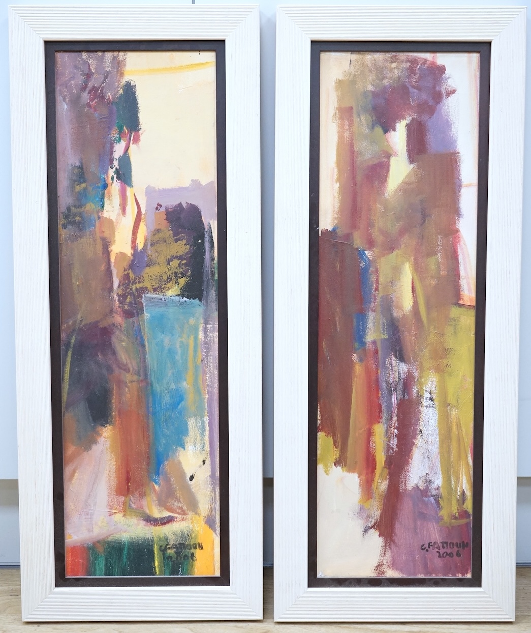 Chucrallah Fattouh (Lebanese, b.1956), pair of contemporary abstracts, each signed and dated 2006, oils on canvas, 64 x 19cm